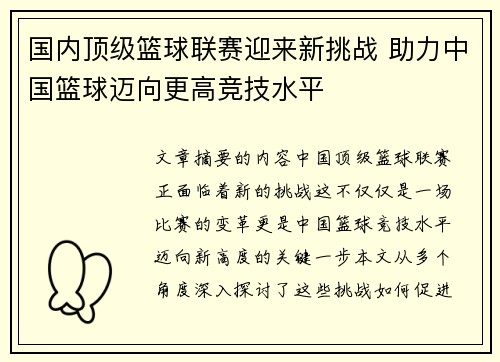 国内顶级篮球联赛迎来新挑战 助力中国篮球迈向更高竞技水平