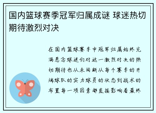 国内篮球赛季冠军归属成谜 球迷热切期待激烈对决