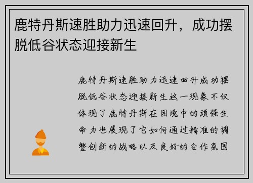 鹿特丹斯速胜助力迅速回升，成功摆脱低谷状态迎接新生