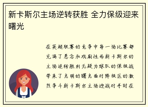 新卡斯尔主场逆转获胜 全力保级迎来曙光