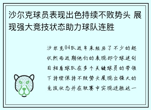 沙尔克球员表现出色持续不败势头 展现强大竞技状态助力球队连胜