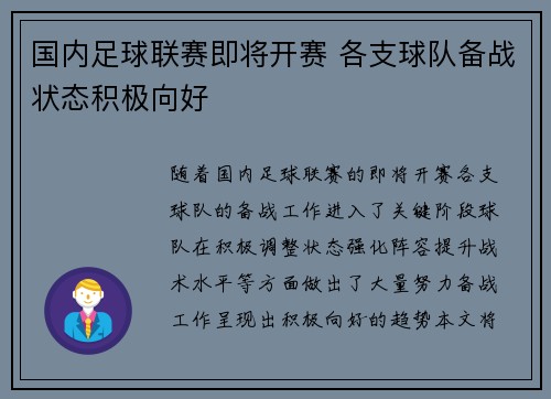 国内足球联赛即将开赛 各支球队备战状态积极向好