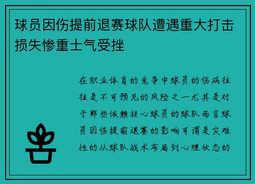 球员因伤提前退赛球队遭遇重大打击损失惨重士气受挫
