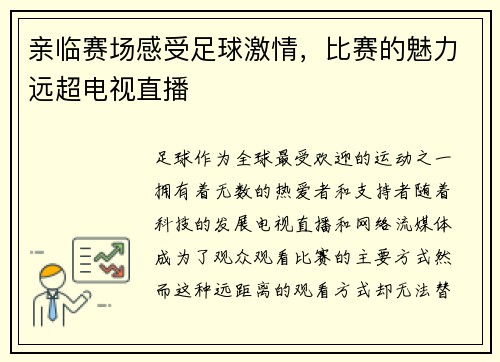 亲临赛场感受足球激情，比赛的魅力远超电视直播